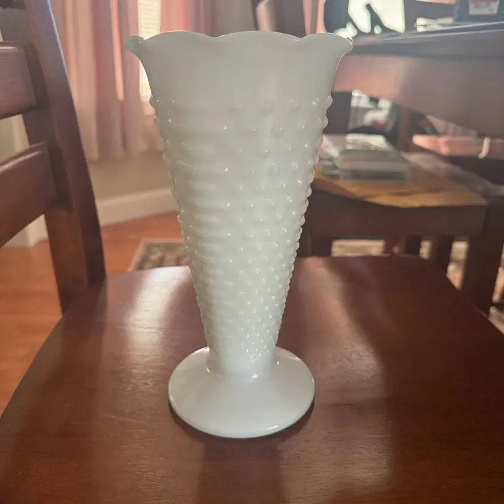 Anchor Hocking Hobnail Milk Glass Large Trumpet Vase Dot and Dash,  Scallop Edge